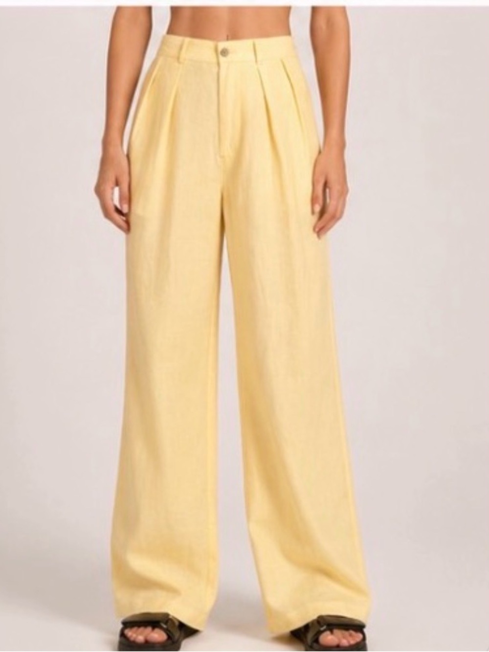 Pleated High-Waist Wide-Leg Trousers in Soft Yellow